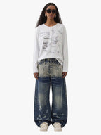 Multi-Eyelet Distressed Gradient Baggy Jeans