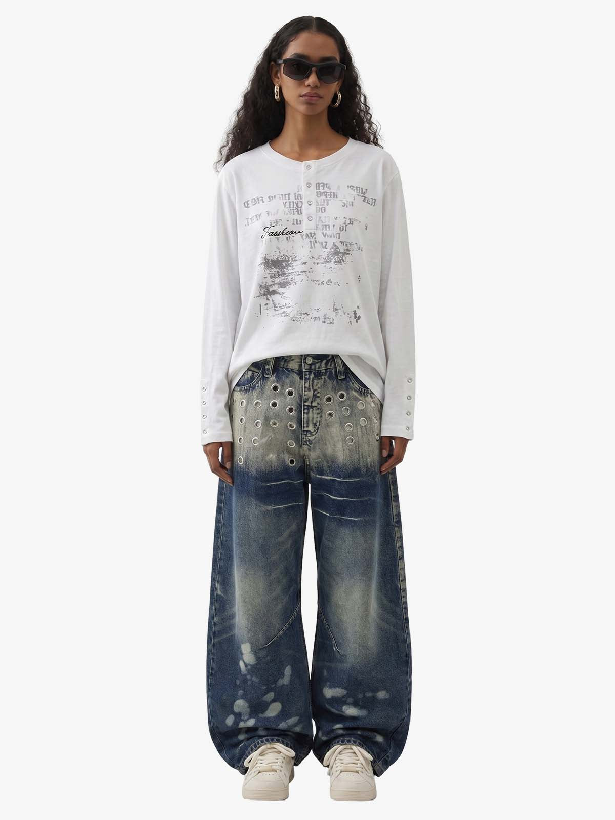 Multi-Eyelet Distressed Gradient Baggy Jeans
