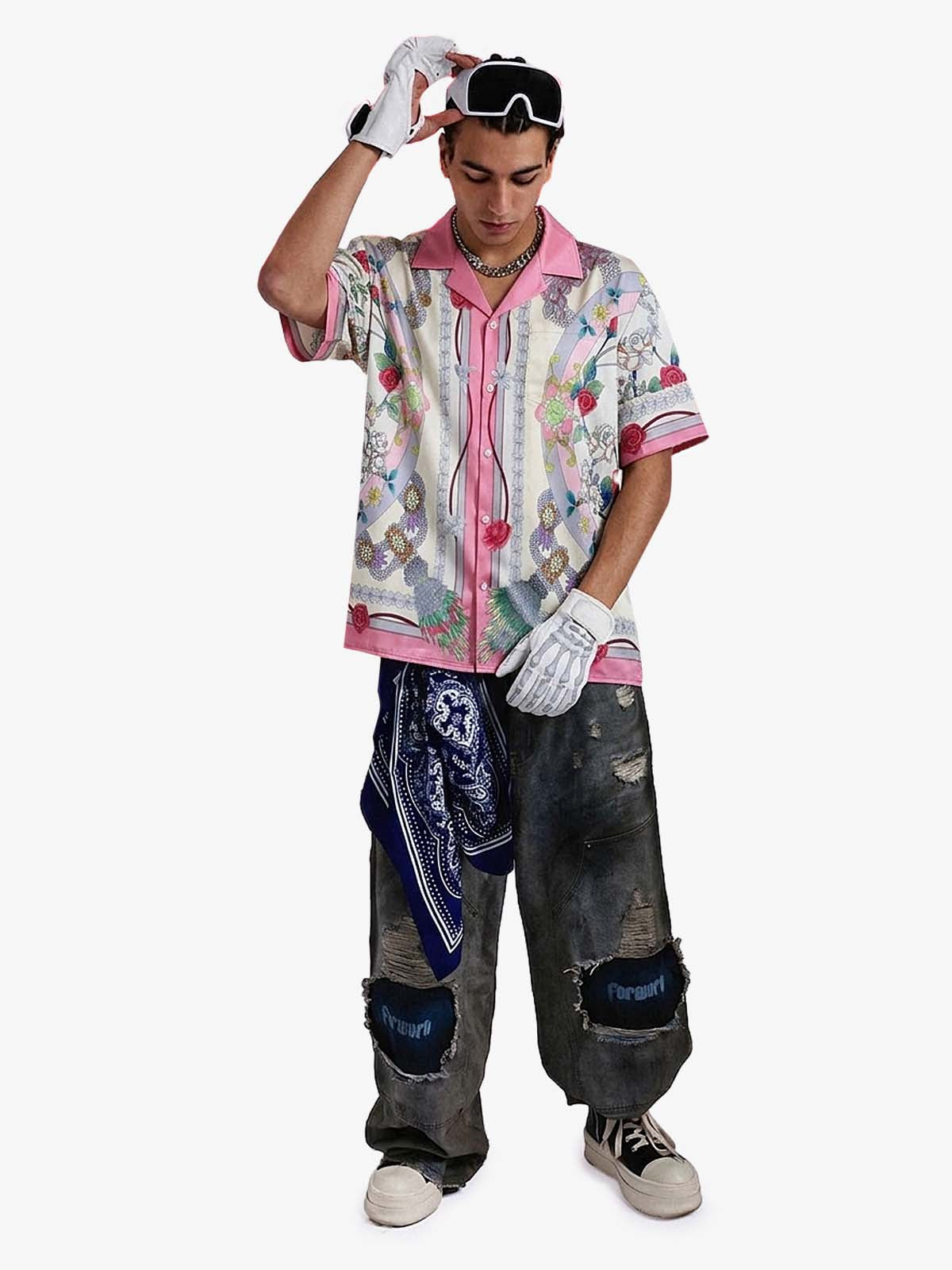 Baroque Floral Satin Camp Collar Boxy Shirt