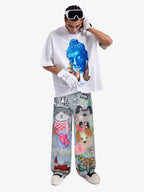 Graffiti Cartoon Animal Print Distressed Wide Leg Denim Jeans