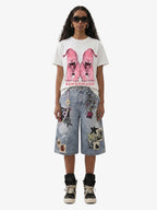 Charm Detail Graphic Denim Shorts