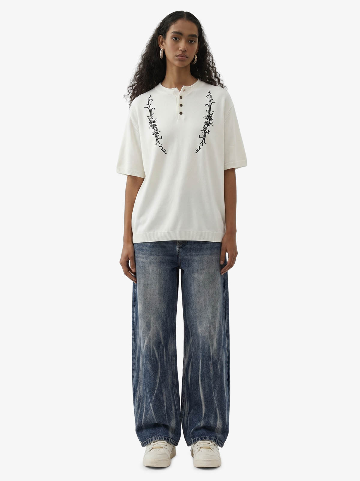 Graphic Floral Knit Henley T-Shirt