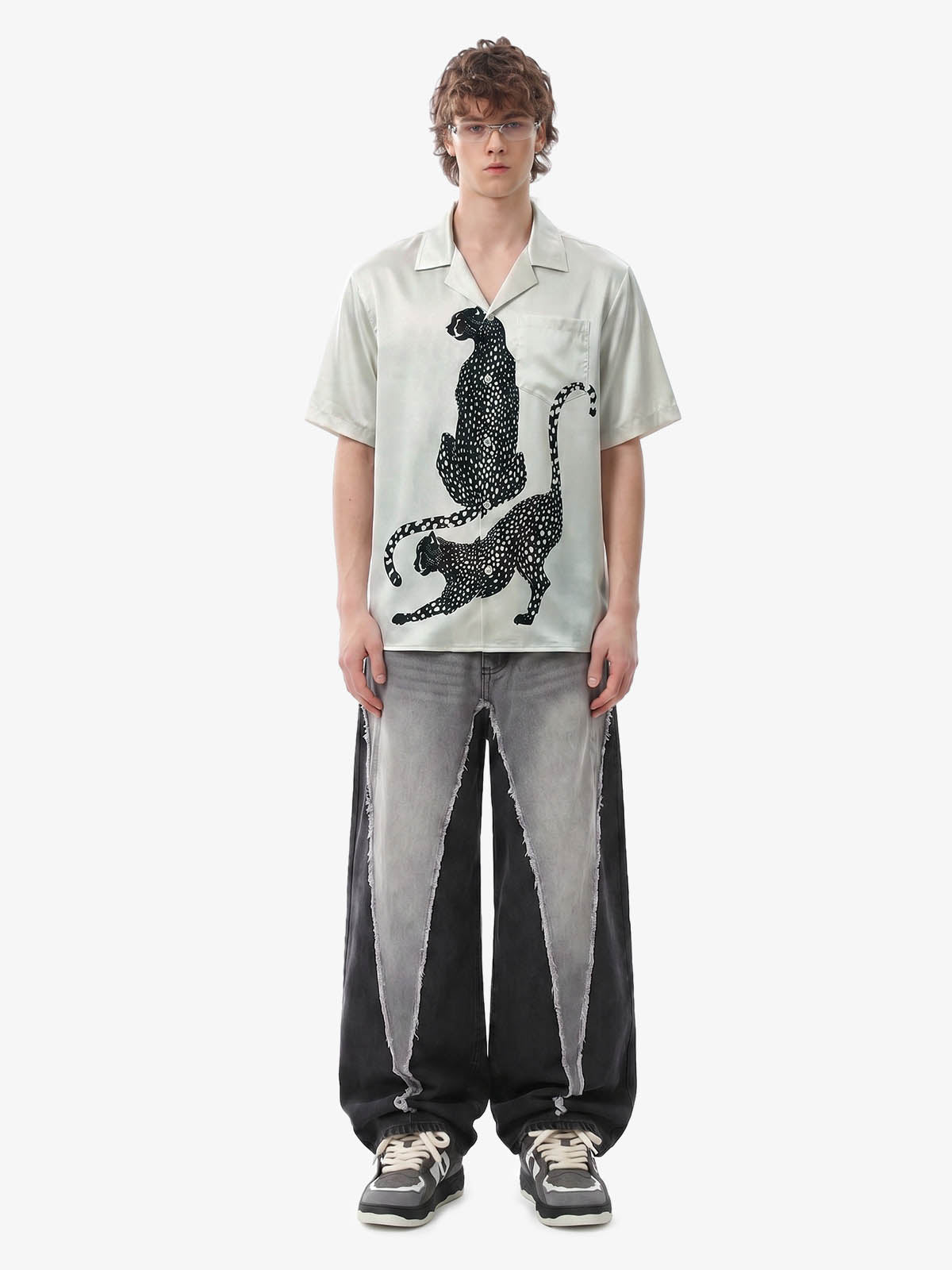 Double Cheetah Graphic Satin Camp Collar Boxy Shirt