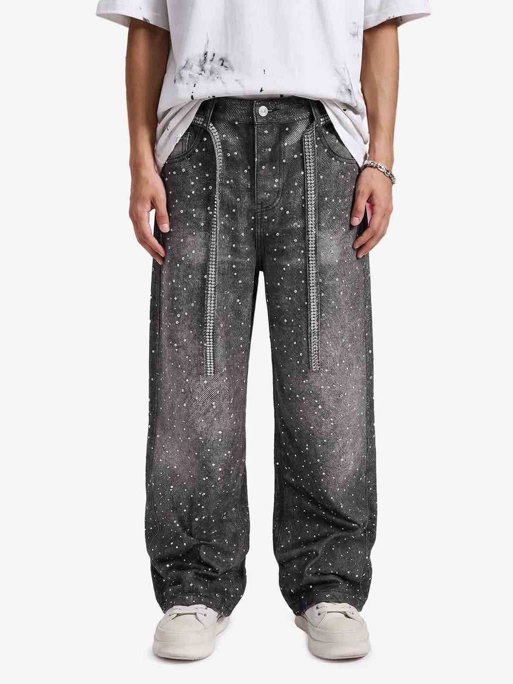 Denim Distressed Belt Diamond Decorated Jeans
