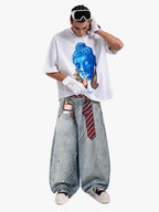Tie Graphic Print Vintage Wash Wide Leg Denim Jeans