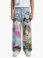 Graffiti Cartoon Animal Print Distressed Wide Leg Denim Jeans