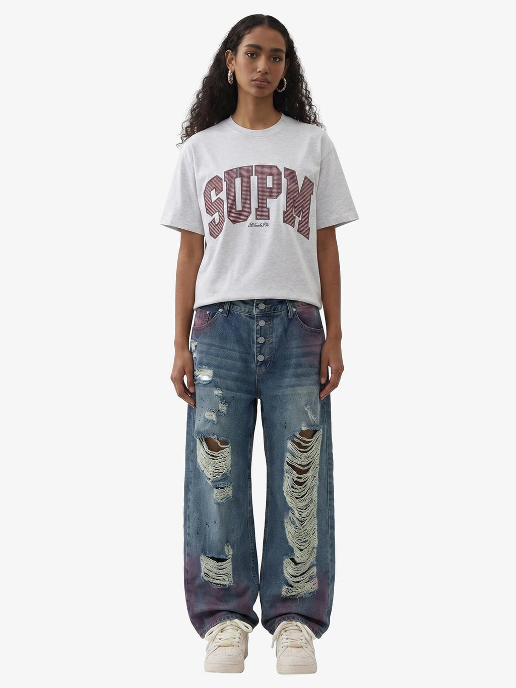 Double-Waist Distressed Wide-Leg Jeans