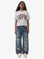 Double-Waist Distressed Wide-Leg Jeans