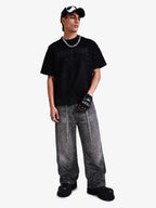Denim Distressed Belt Diamond Decorated Jeans