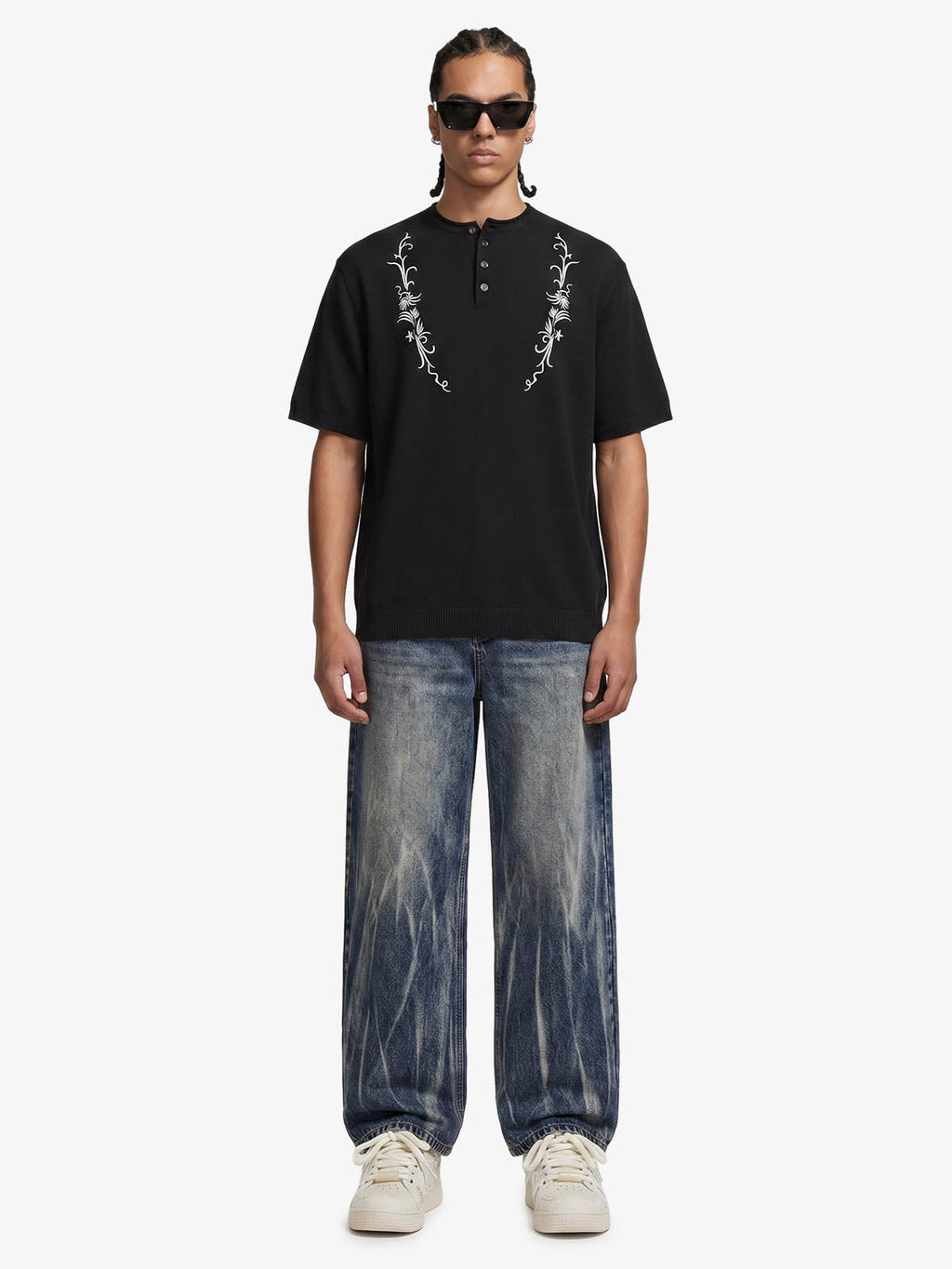 Graphic Floral Knit Henley T-Shirt