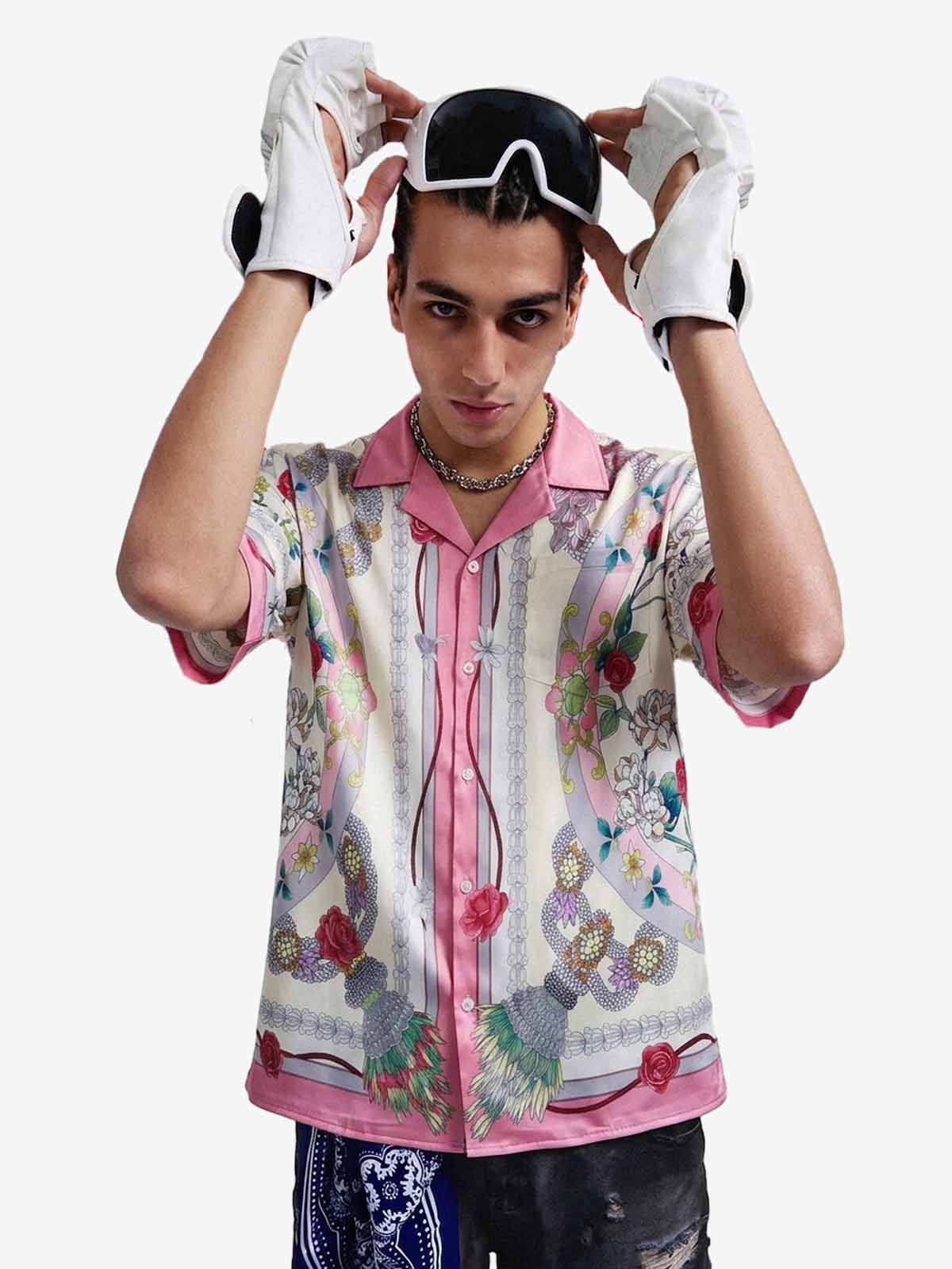 Baroque Floral Satin Camp Collar Boxy Shirt