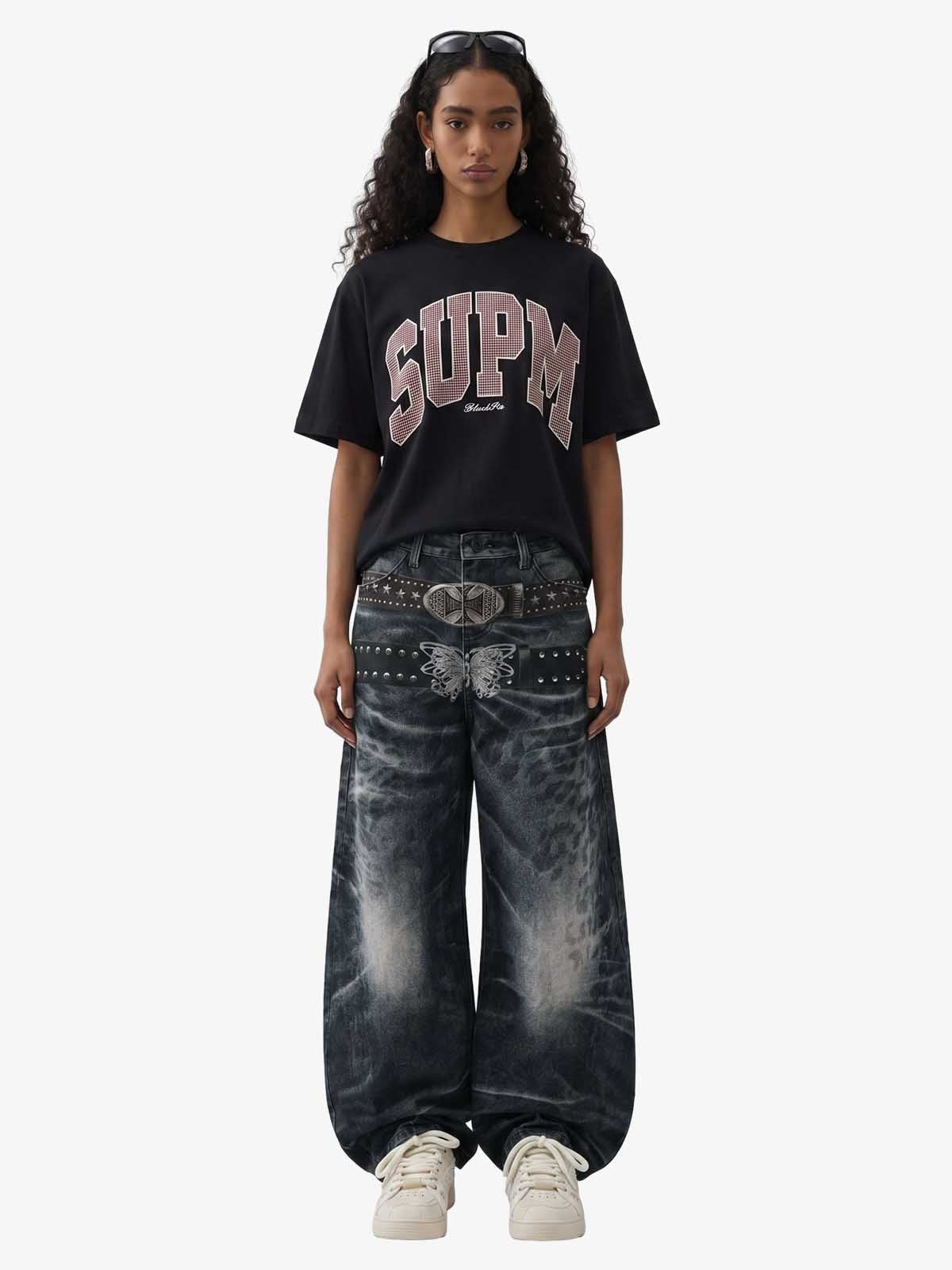 Butterfly Illusion Graphic Print Baggy Jeans