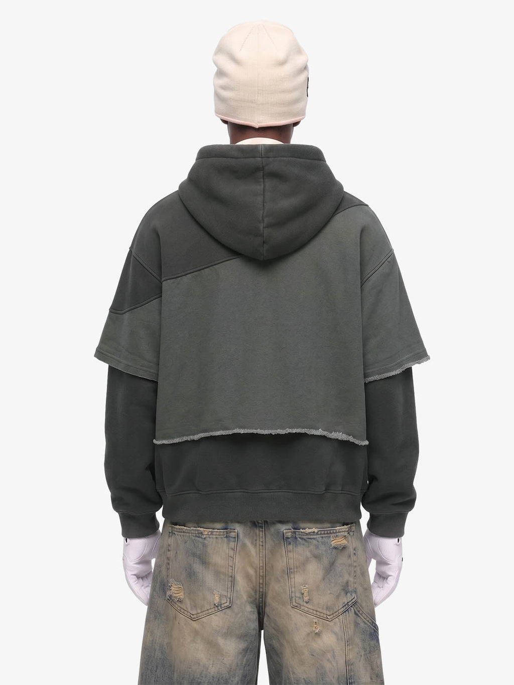 Distressed Patchwork Raw-Edge Layered-Hem Fleece Hoodie
