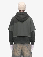 Distressed Patchwork Raw-Edge Layered-Hem Fleece Hoodie
