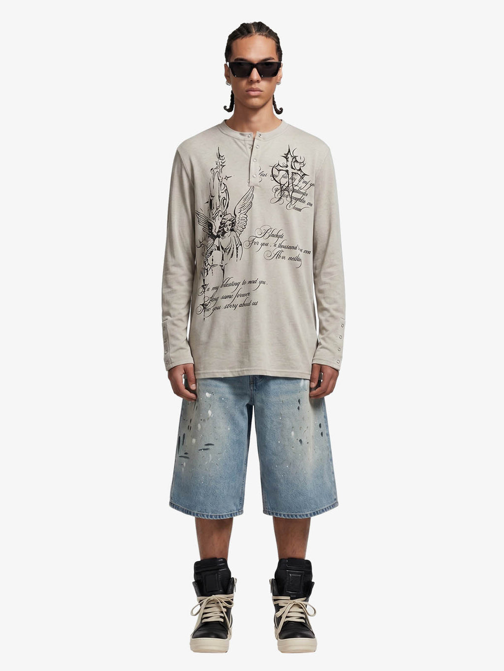 Gothic Angel Graphic Long Sleeve Henley T-Shirt
