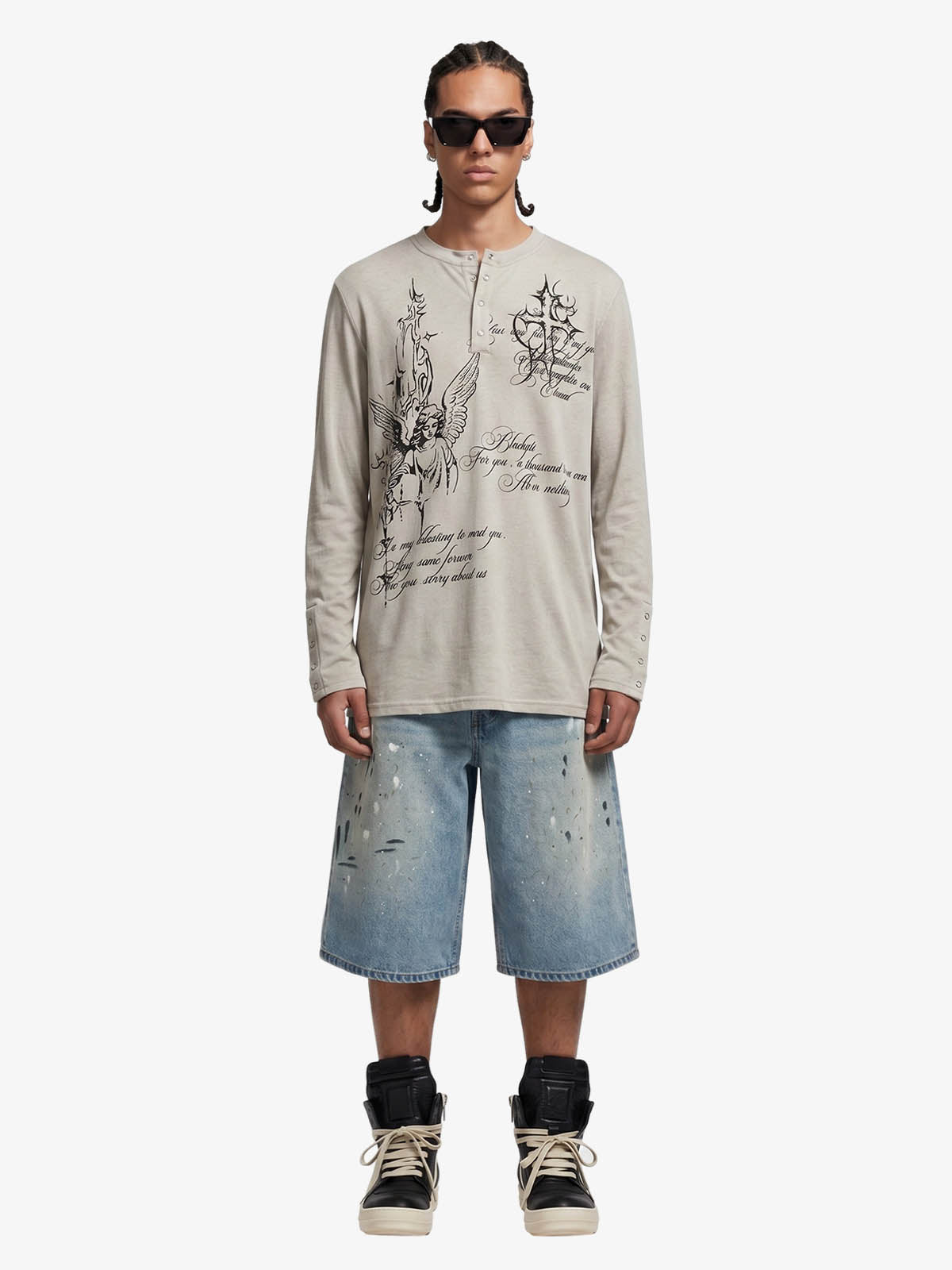 Gothic Angel Graphic Long Sleeve Henley T-Shirt