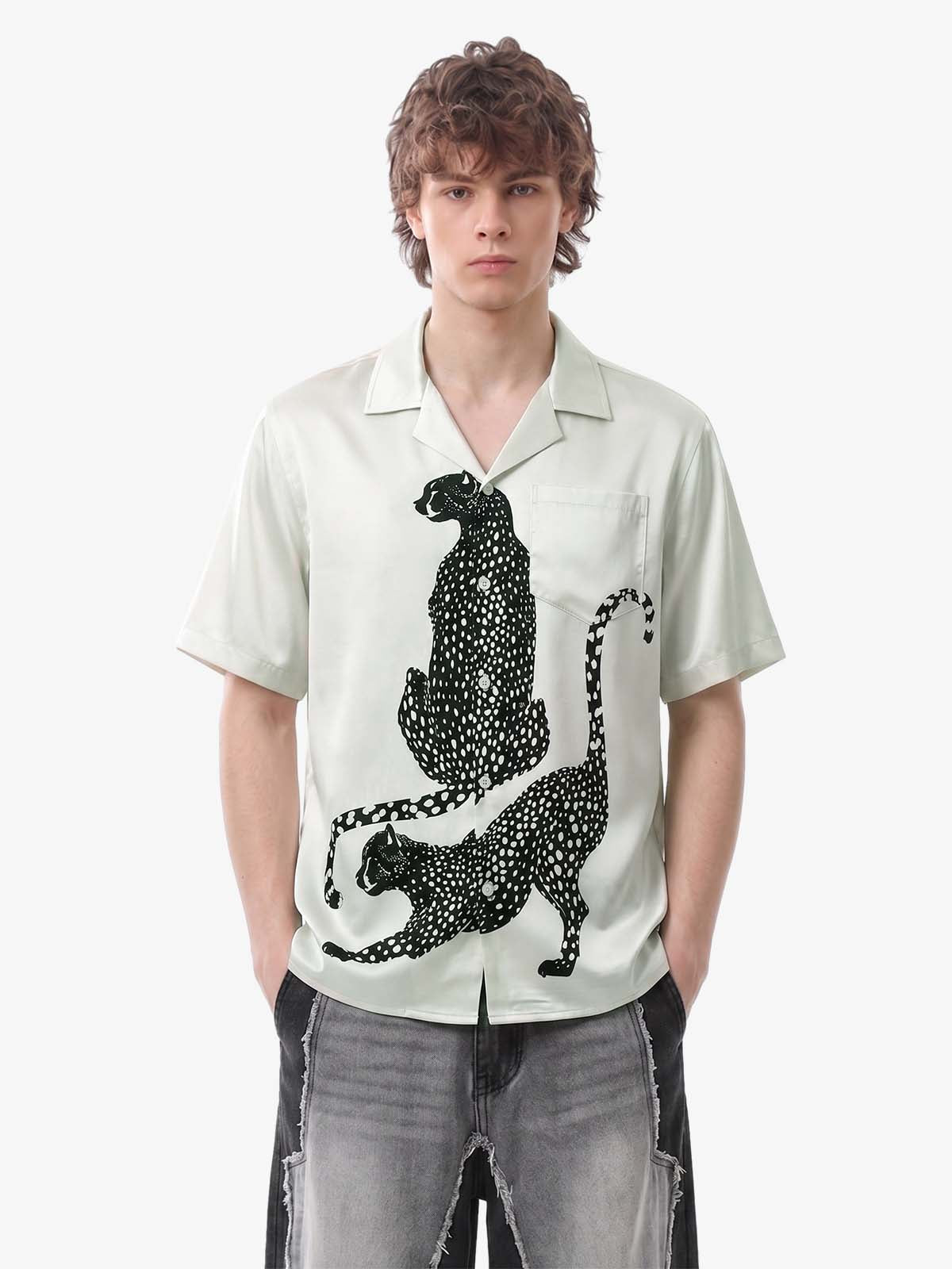Double Cheetah Graphic Satin Camp Collar Boxy Shirt