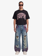 Double-Waist Distressed Wide-Leg Jeans