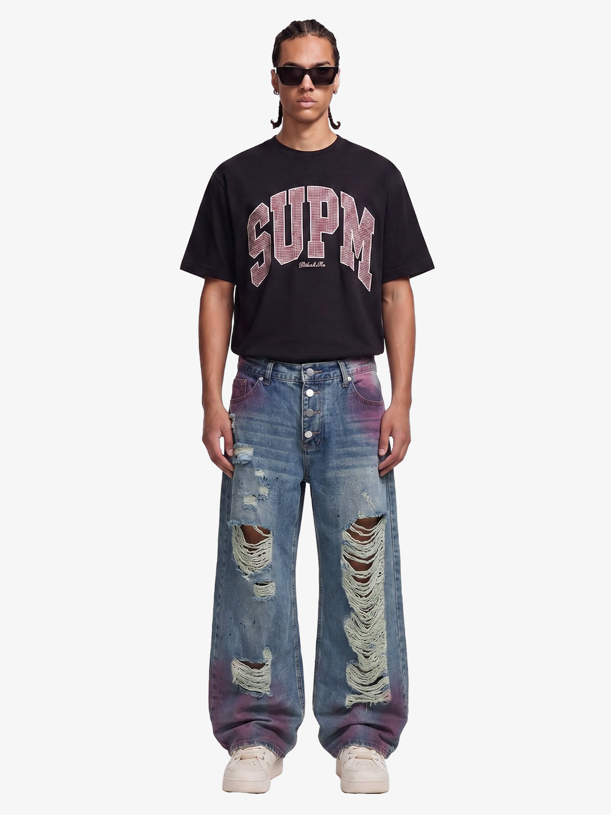 Double-Waist Distressed Wide-Leg Jeans