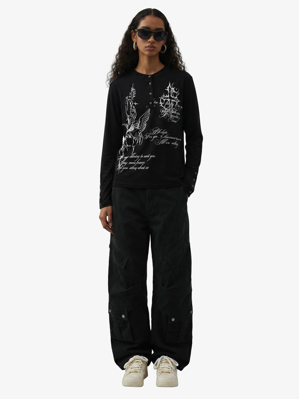 Gothic Angel Graphic Long Sleeve Henley T-Shirt