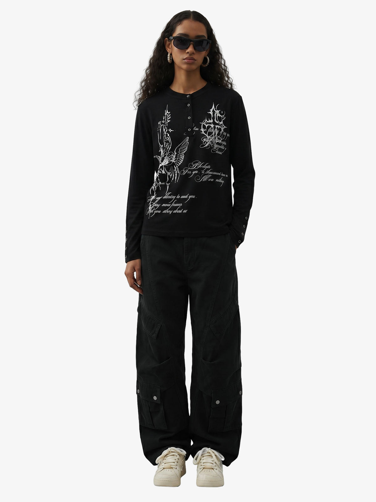 Gothic Angel Graphic Long Sleeve Henley T-Shirt
