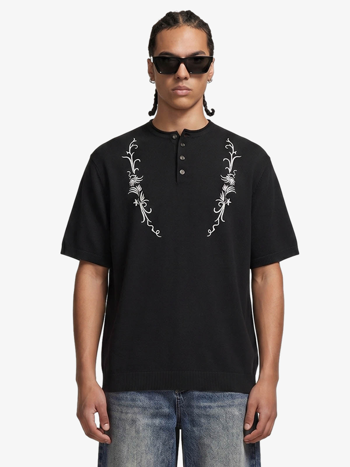 Graphic Floral Knit Henley T-Shirt