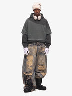 Distressed Patchwork Raw-Edge Layered-Hem Fleece Hoodie