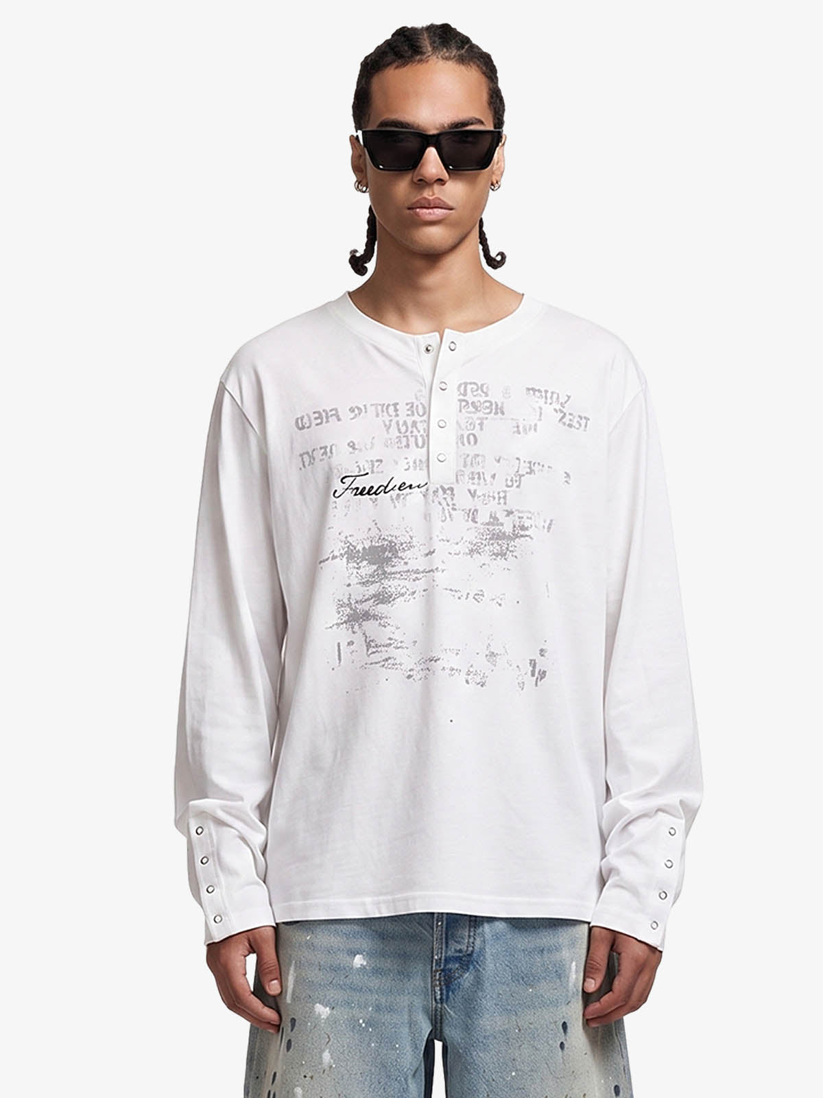 Supermade Industrial Text Print Long Sleeve Henley T-Shirt