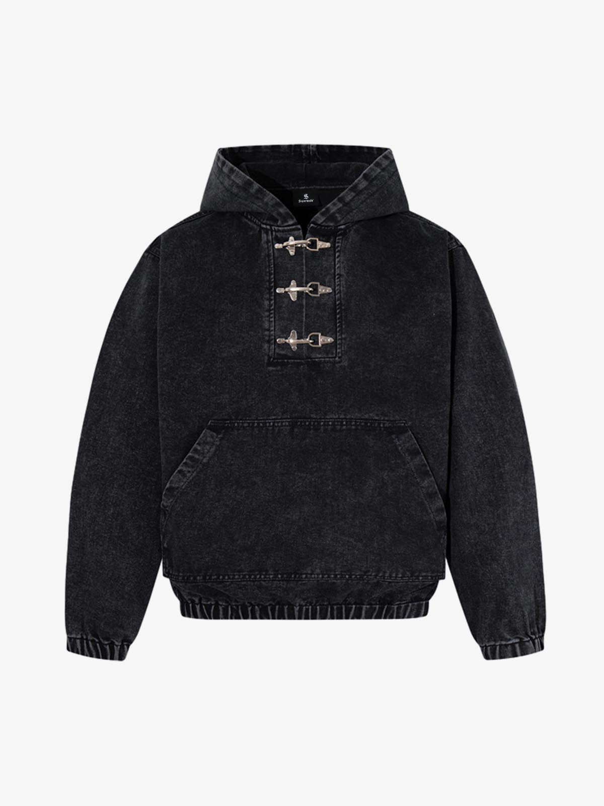Vintage Washed Denim Metal Toggle Detail Pullover Hoodie