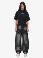 Vintage Embroidered Washed Raw-Edge Graffiti Scimitar Jeans