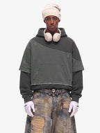 Distressed Patchwork Raw-Edge Layered-Hem Fleece Hoodie