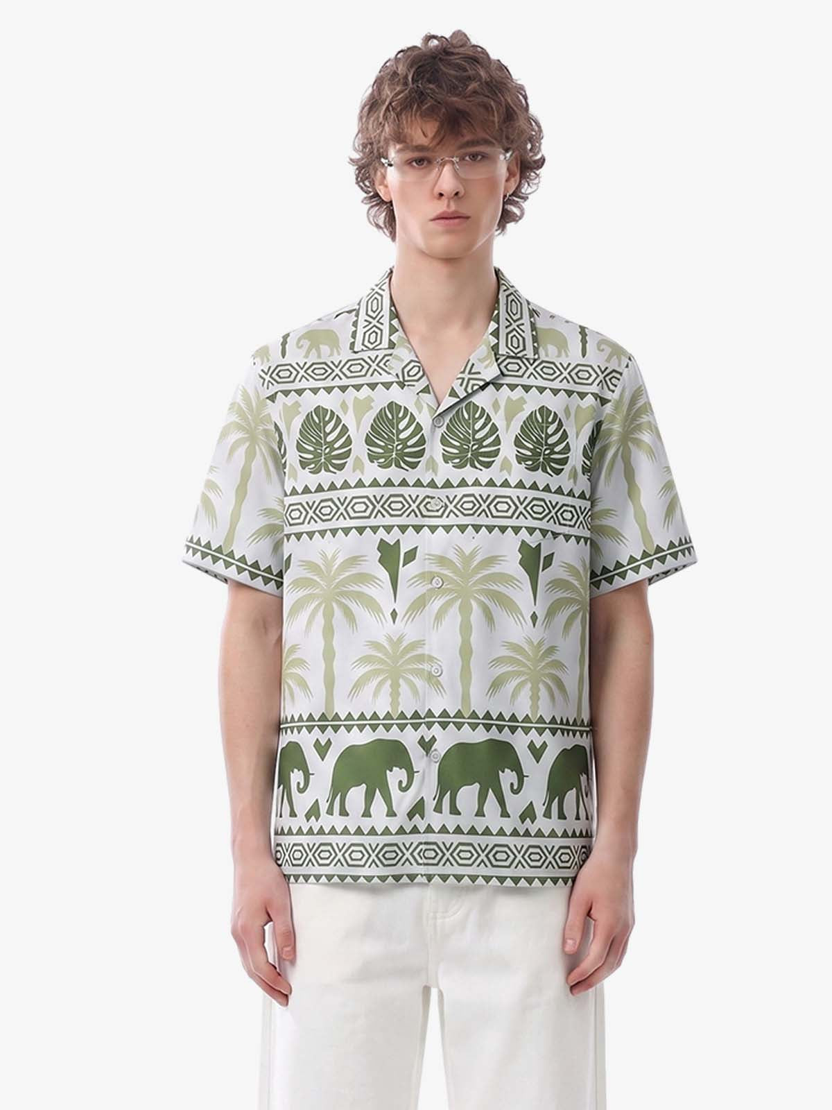 Tropical Elephant Palm Camp Collar Boxy Shirt