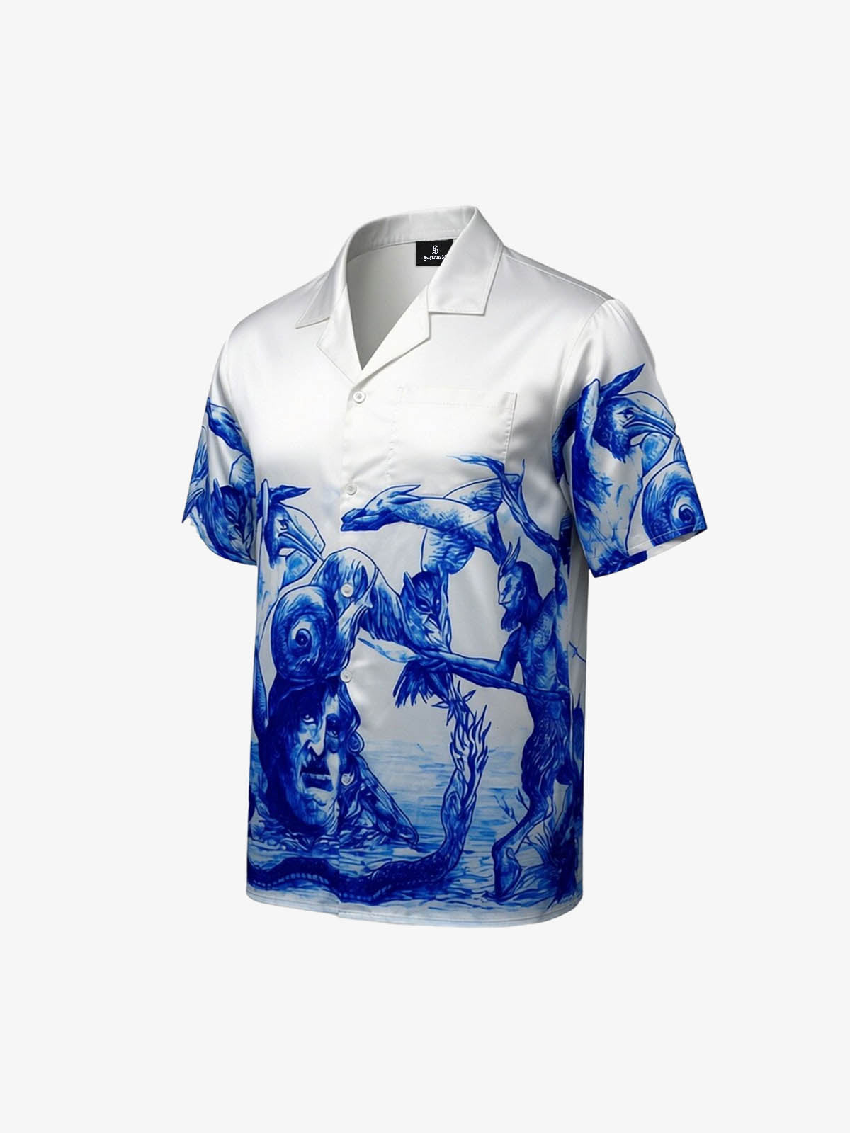 Blue Sketch Mythological Camp Collar Boxy Shirt
