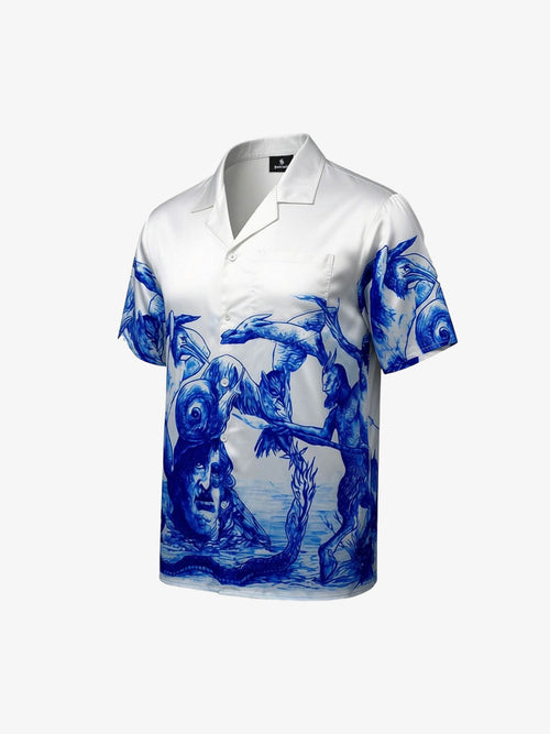 Blue Sketch Mythological Camp Collar Boxy Shirt