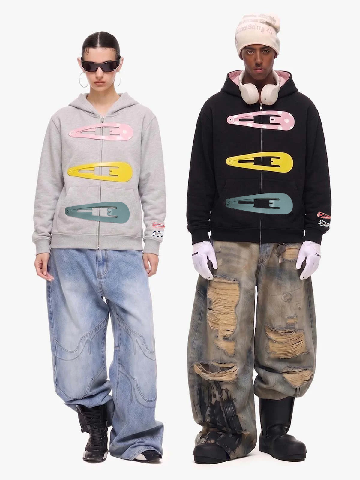 Detachable Hair Clip Decoration Zip Up Hoodie