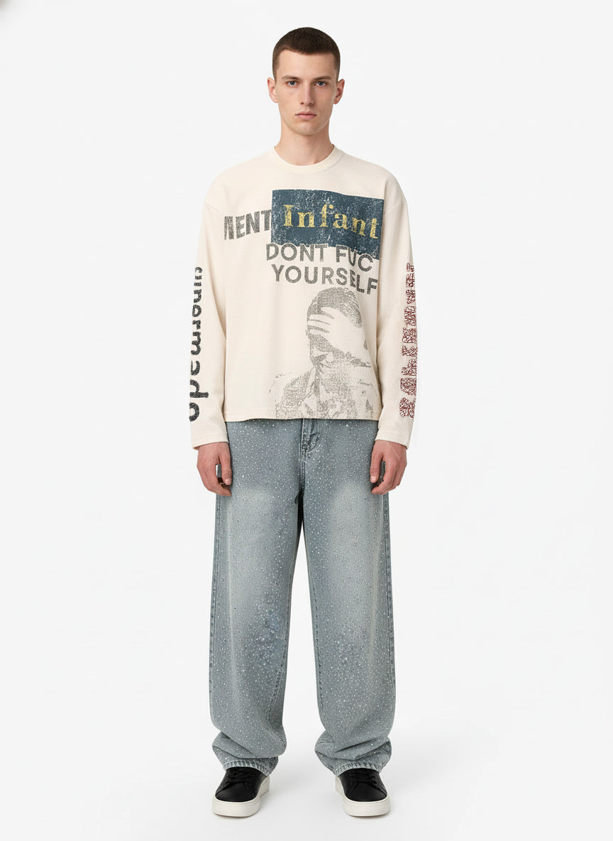 Waffle Knit Graphic Print Crewneck Sweatshirt - 2496