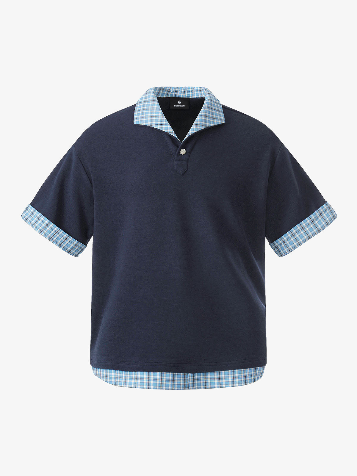 Pique Cotton Polo Shirt with Plaid Contrast Collar & Cuffs