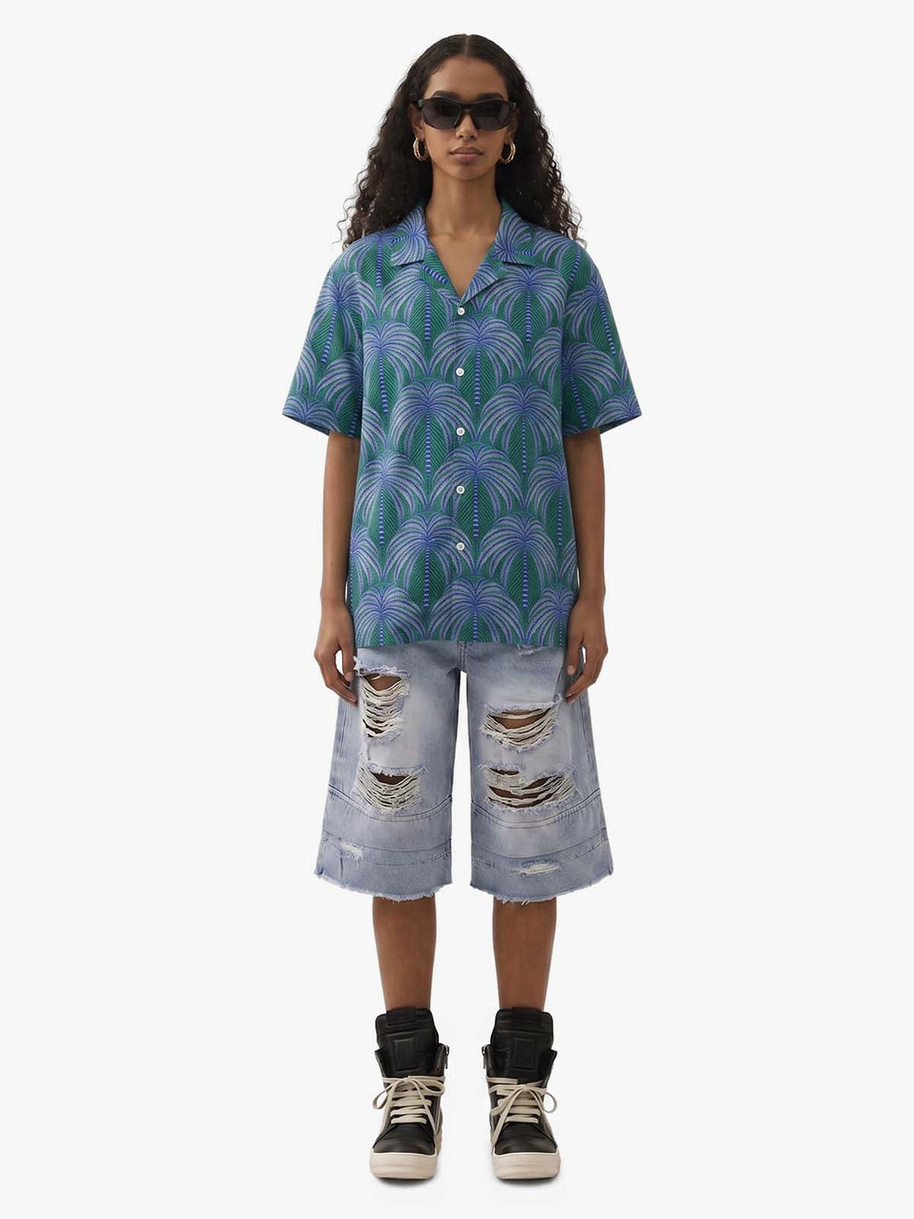 Teal Palm Leaves Camp Collar Boxy Shirt