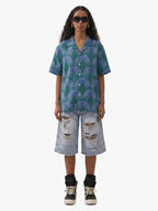 Teal Palm Leaves Camp Collar Boxy Shirt