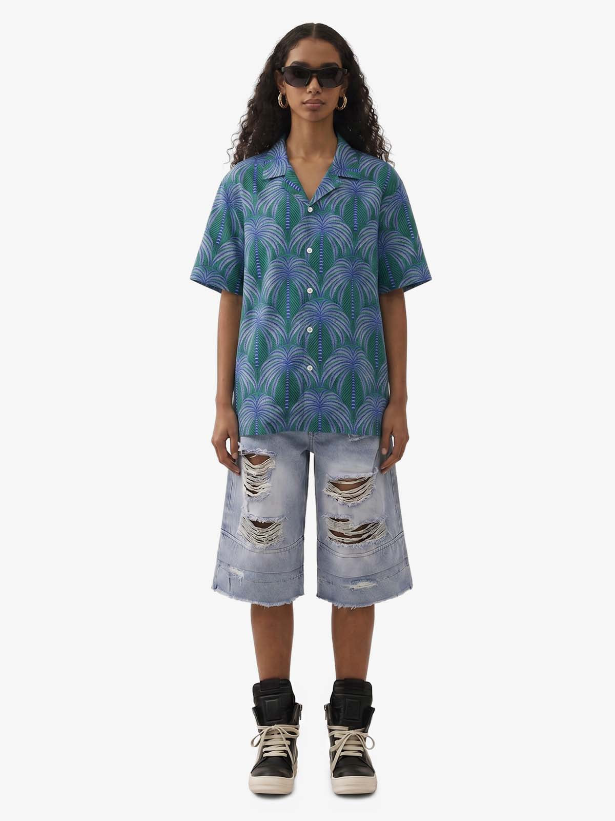 Teal Palm Leaves Camp Collar Boxy Shirt