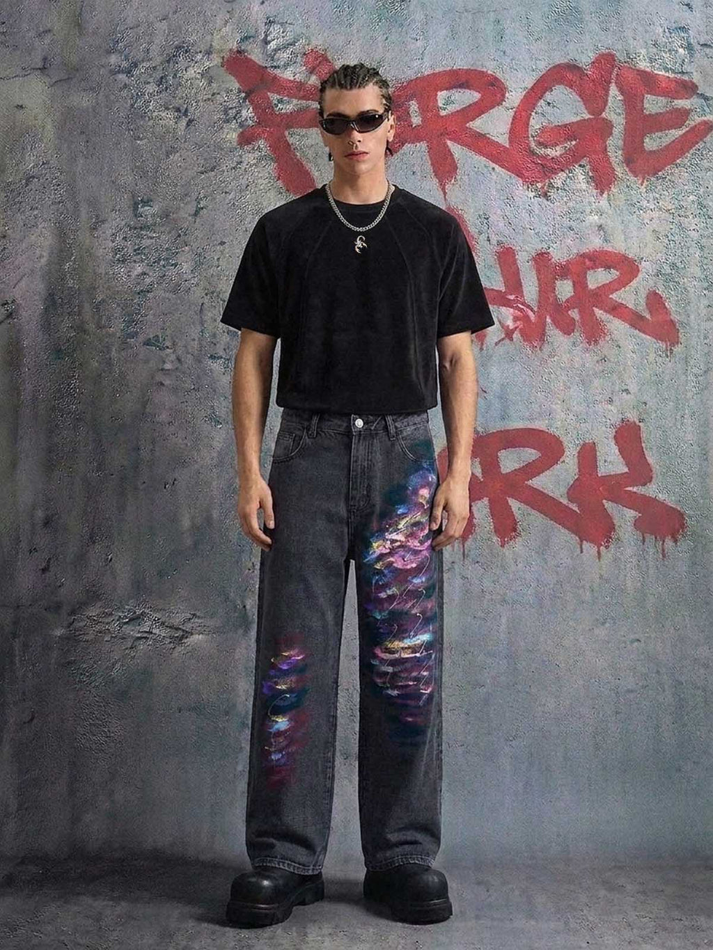 Retro Distressed Colorful Graffiti Art Print Jeans