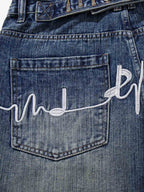 Music Print Denim Shorts with Embroidered Notes