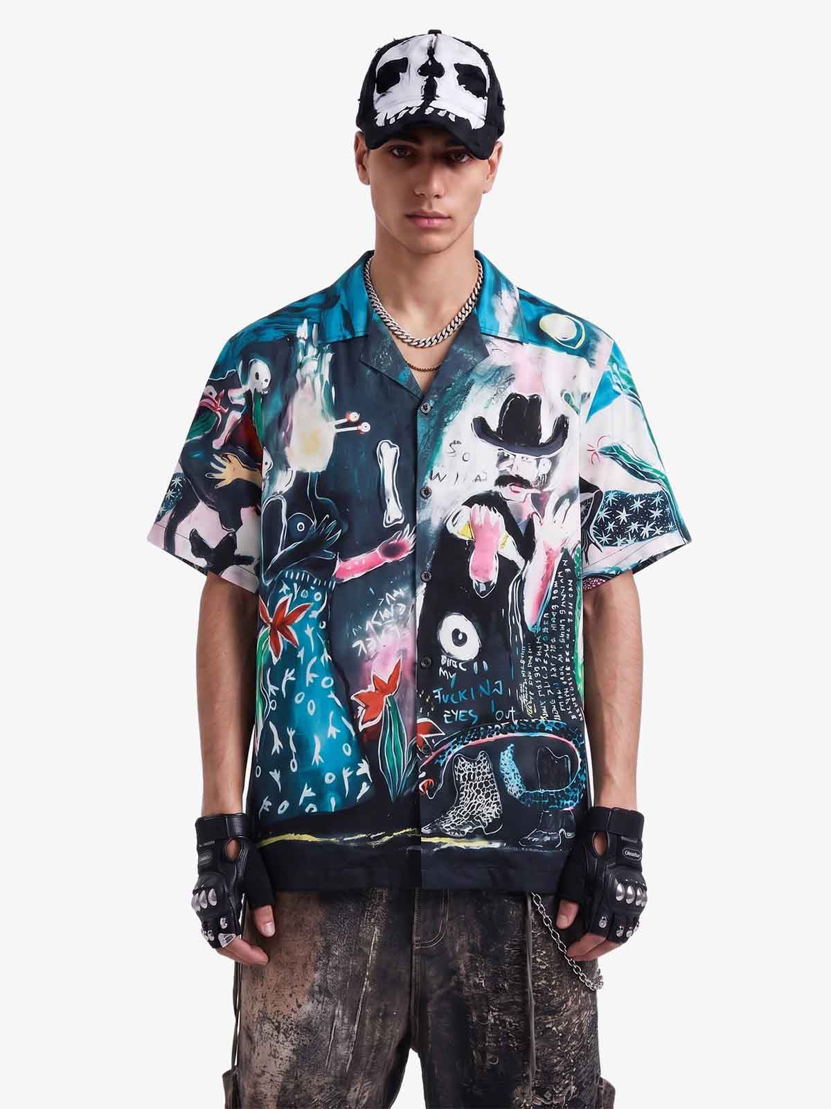 Blue Abstract Oil Painting Camp Collar Boxy Shirt