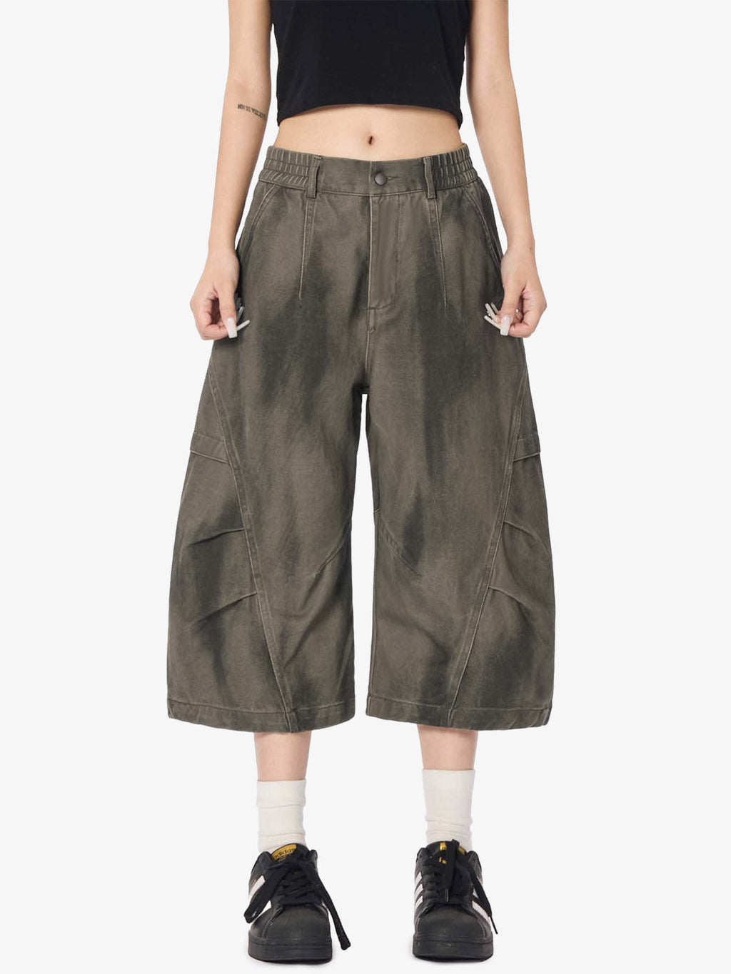 Olive Washed Wide-Leg Cargo Shorts