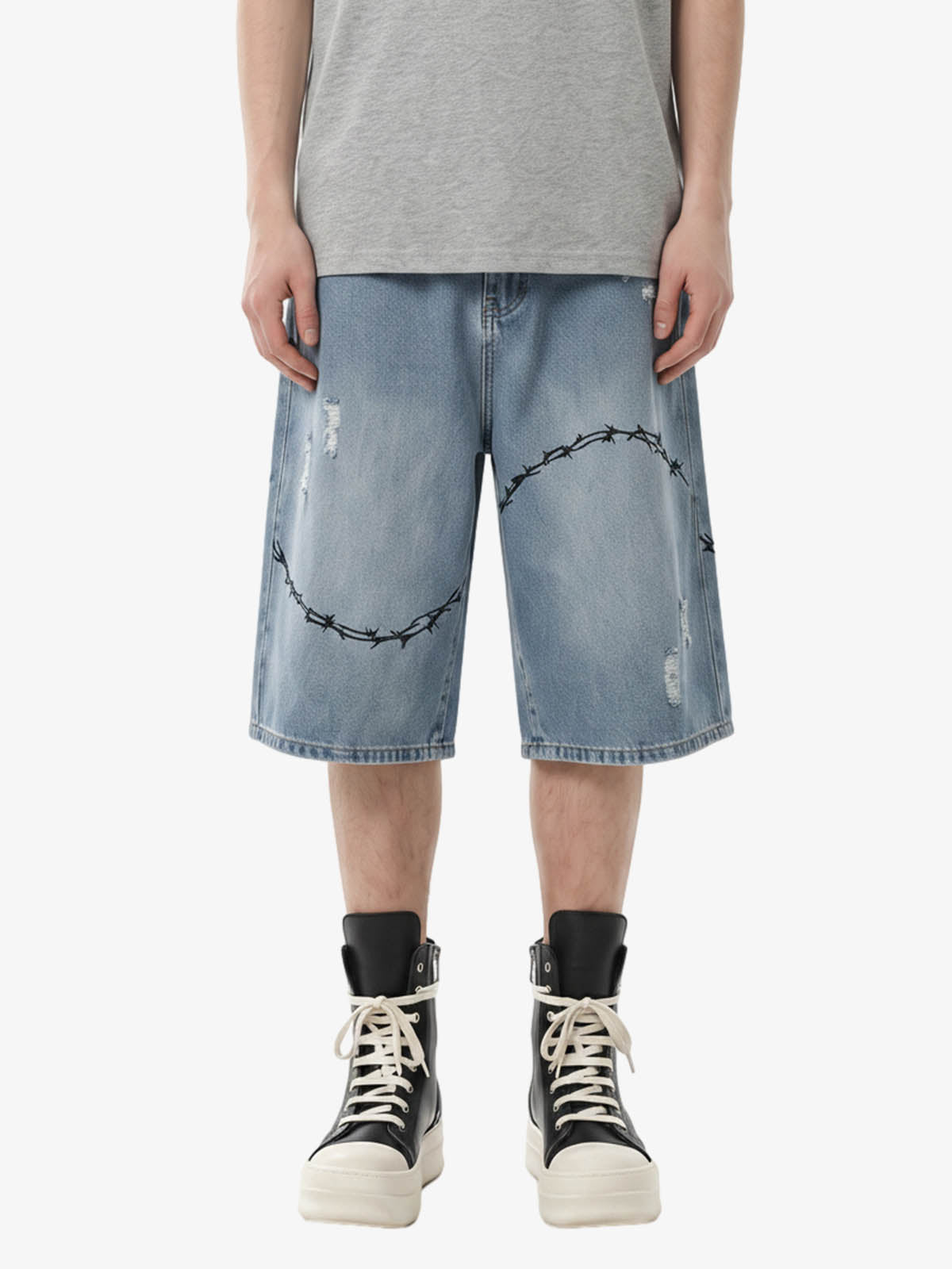 Vintage Barbed Wire Embroidery Distressed Washed Denim Jorts