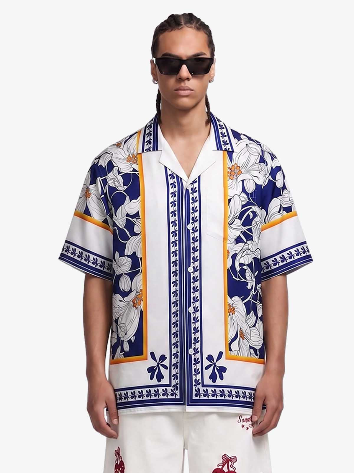 Porcelain Pattern Camp Collar Boxy Shirt
