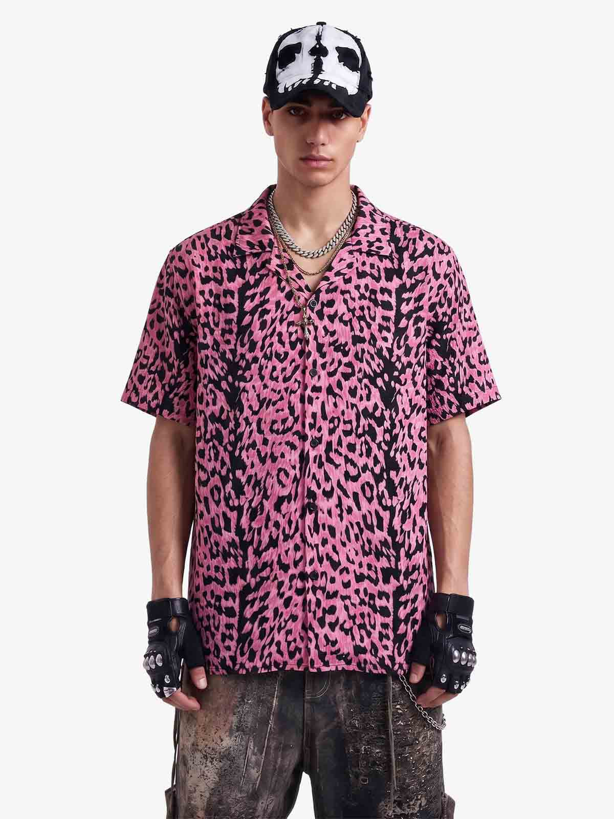 Cyber Punk Leopard Print Camp Collar Boxy Shirt