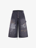 Multi-Button Distressed Print Jorts
