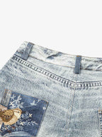 Charm Detail Graphic Denim Shorts