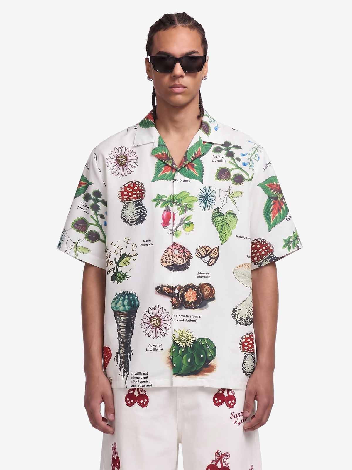 Vintage Succulent Botanical Print Camp Collar Boxy Shirt